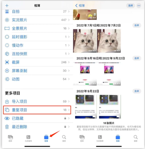 靖江苹果手机维修分享iOS 16 中相册重复项目功能使用方法 